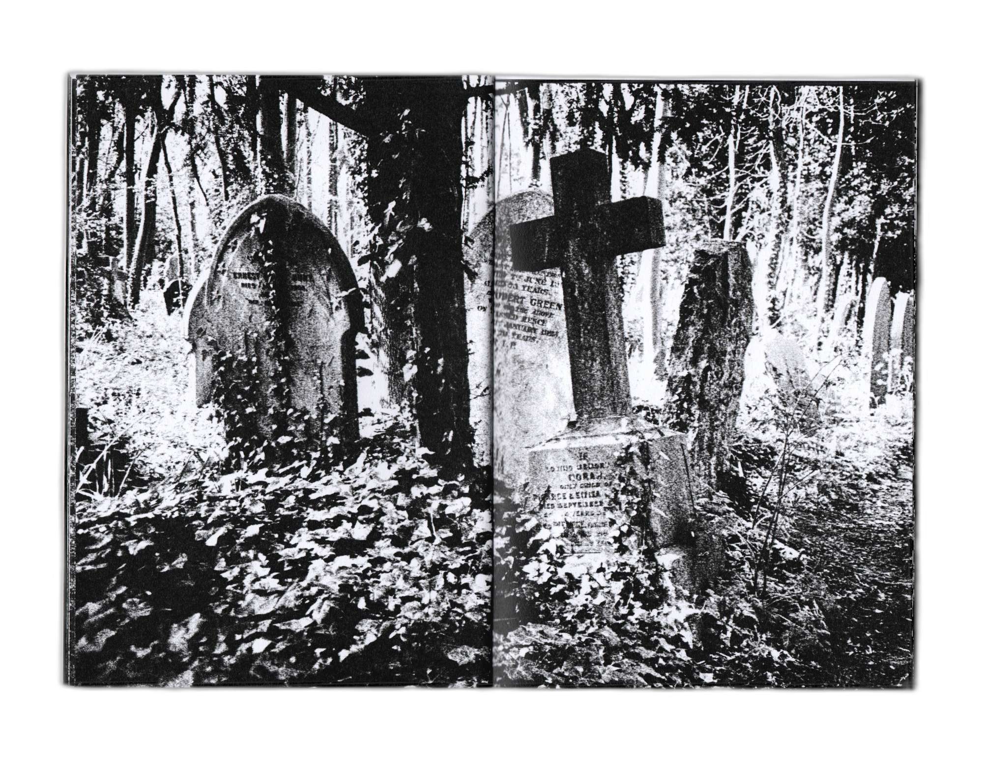 Zine spread of a traffic cone and grave.