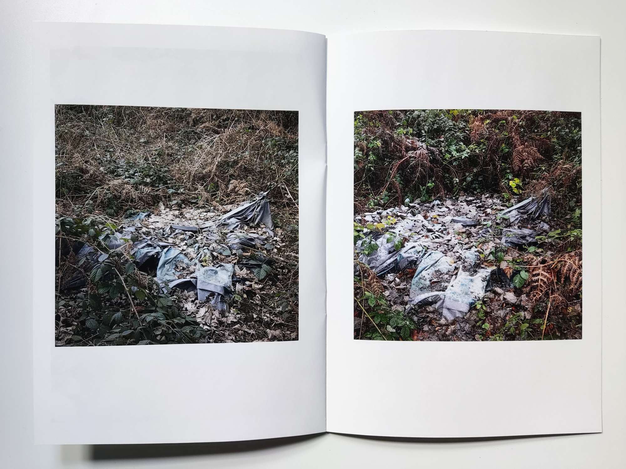 Zine/photobook. Natural debris cover the tent. Autumn time.